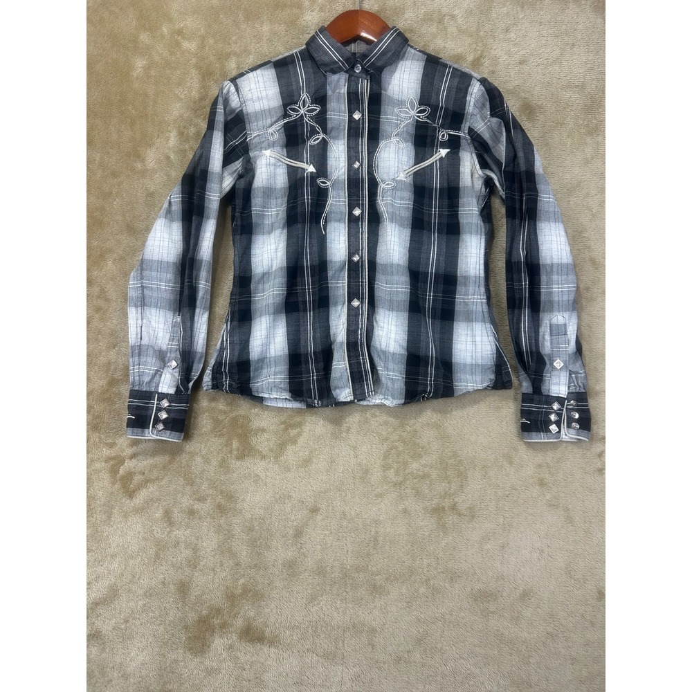 Panhandle Slim Womens Retro Western‎ Shirt Black Plaid Pearl Snap Embroidered M